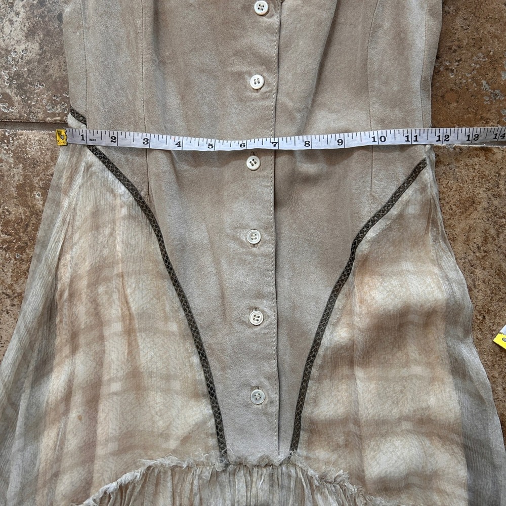 June Beige Button Up Bodice Layered High Low Ruffled 100% Leather Silk Dress - 4 - Picture 5 of 7